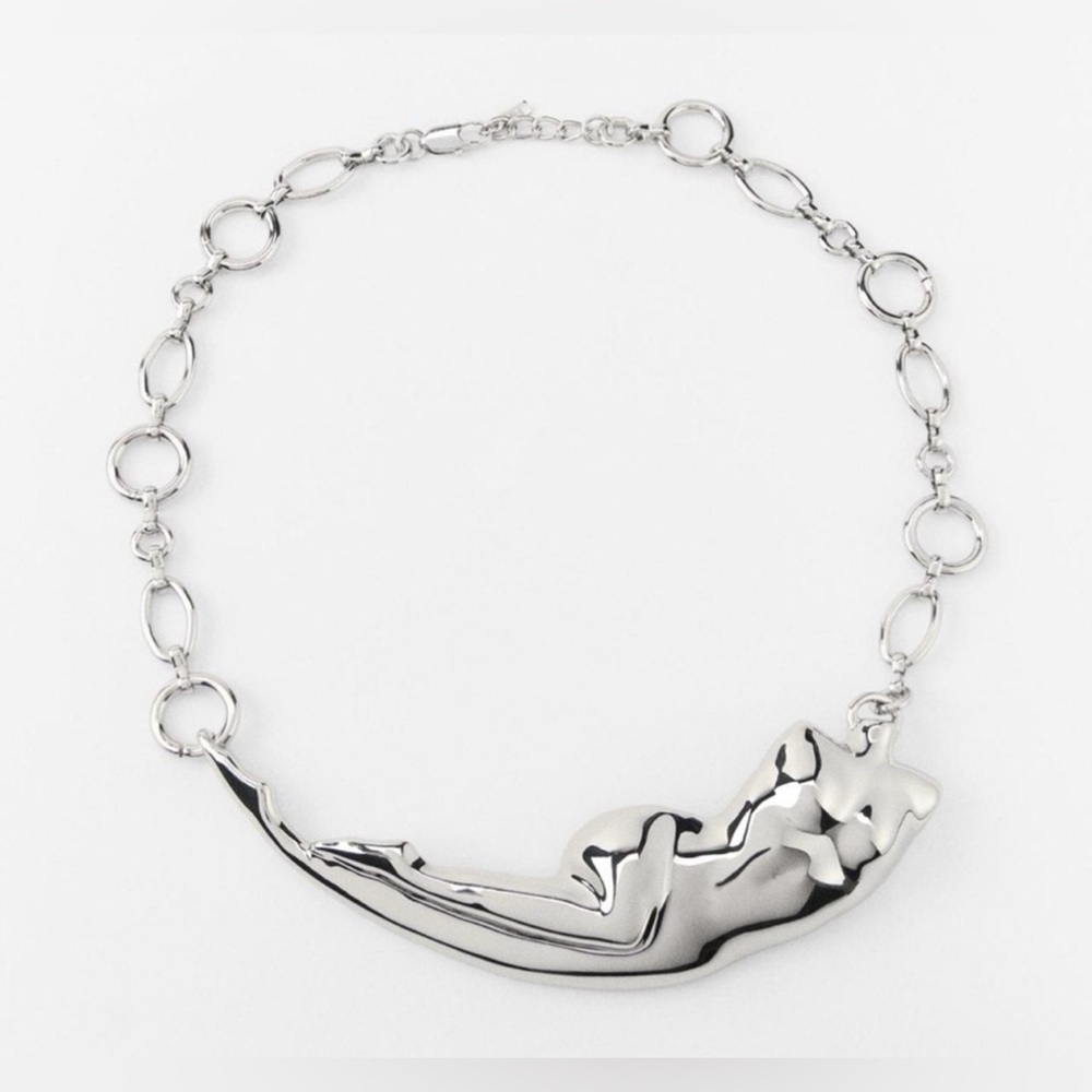Zara Silver Body Torso Chain Link Chunky Artsy Art Deco Necklace Statement Piece